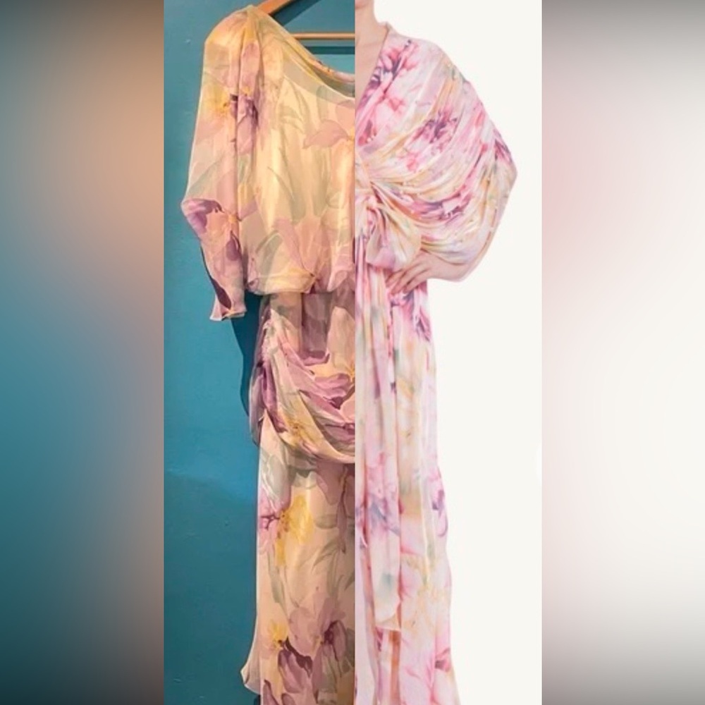 Vintage “Badgley Mischka” flowy shirred 80s/20s style billowy chiffon dress - Picture 3 of 9